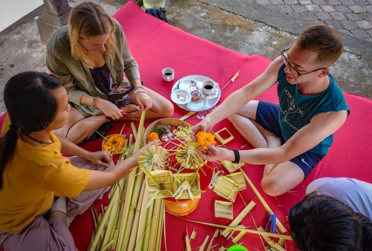 Traditional Balinese offerings made with flowers and palm leaves